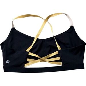 Fabletics Strappy Back Sports Gym Bra Black Gold Medium Support